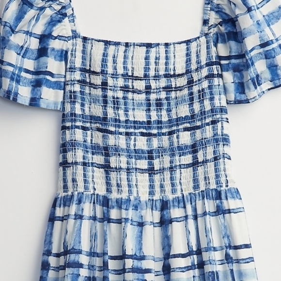 Gap Blue and White Checked Puff-Sleeve Midi Dress With Smocked Bodice - Picture 3 of 9